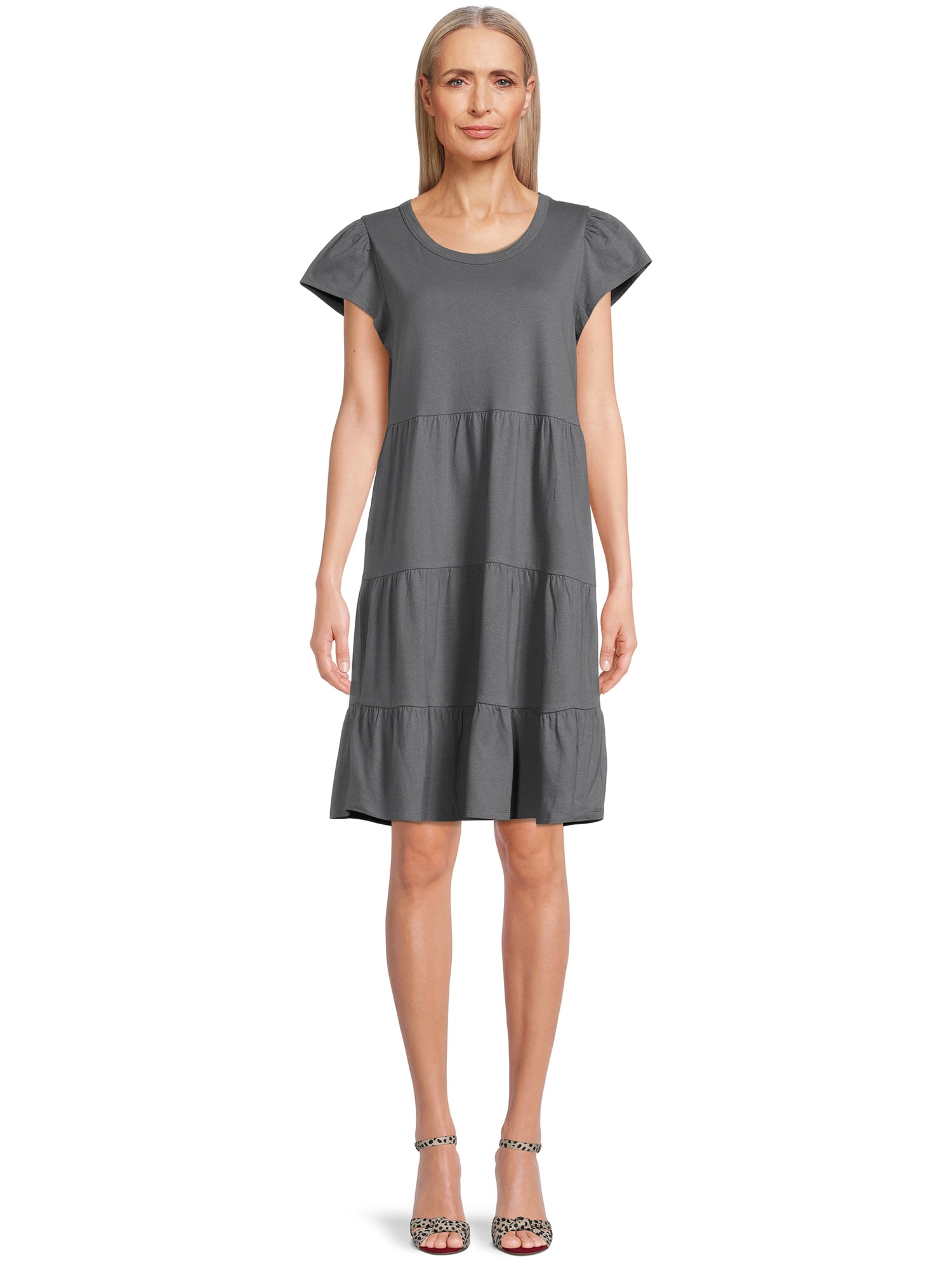 Time and Tru Women's Short Sleeve Tiered Knit Dress, Sizes XS-XXXL ...
