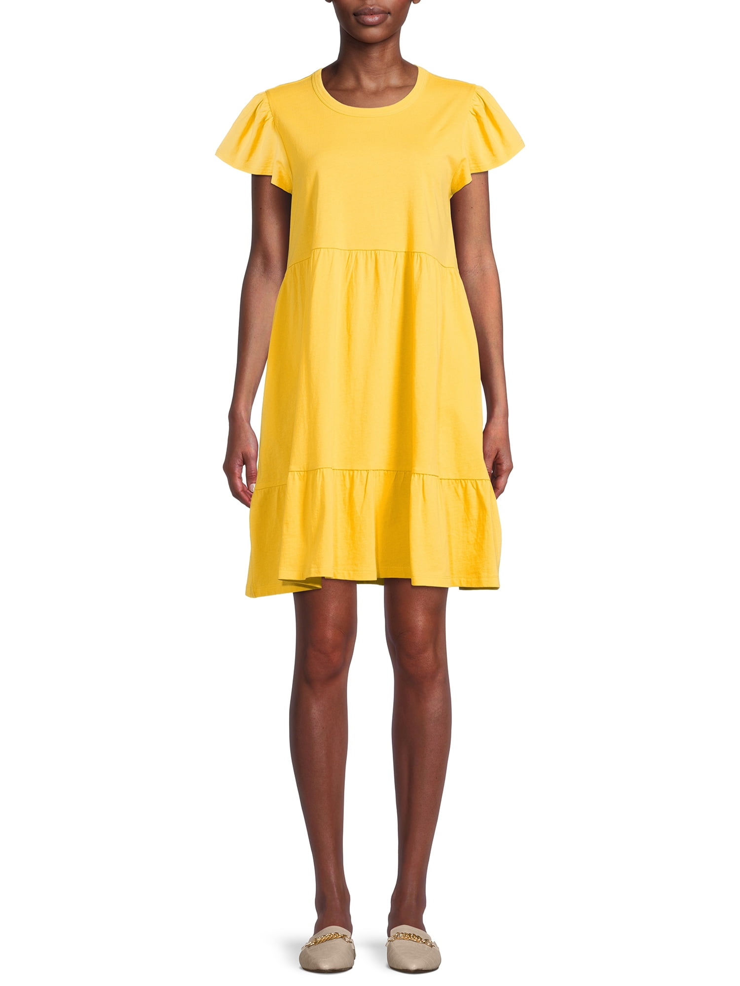 Time and Tru Women's Short Sleeve Tiered Knit Dress with Pockets