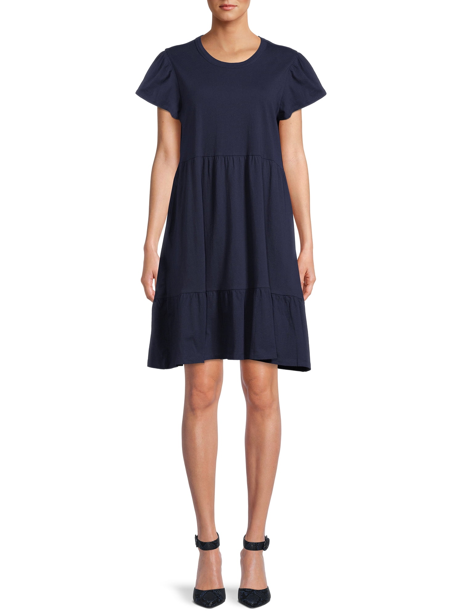 Time and Tru Women's Short Sleeve Tiered Knit Dress with Pockets ...