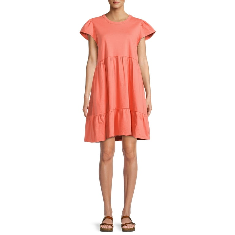 Time and Tru Women's Short Sleeve Tiered Knit Dress with Pockets - Walmart .com
