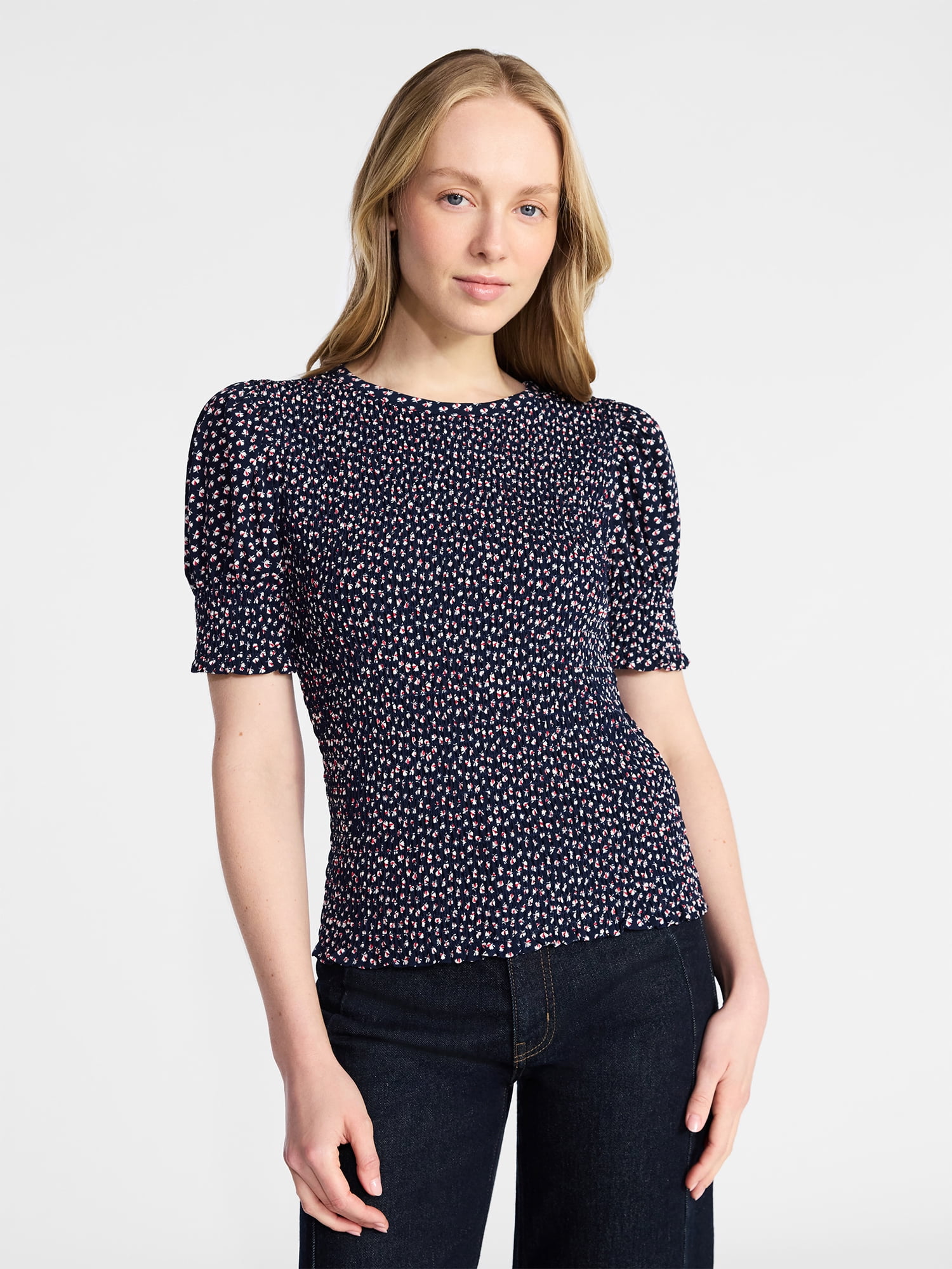Time and Tru Women's Smocked Top with Short Puff Sleeves, Sizes XS-XXXL