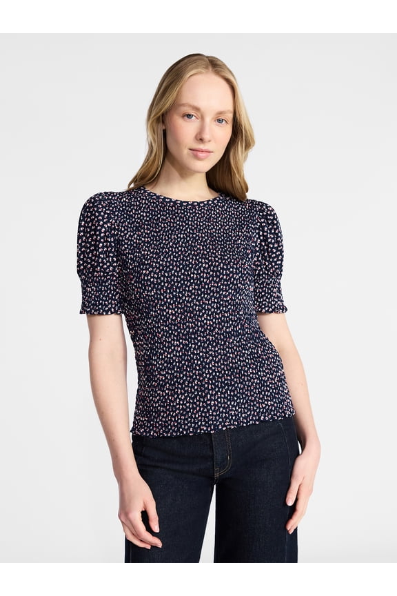 Women's Smocked Top with Short Puff Sleeves, Sizes XS-XXXL