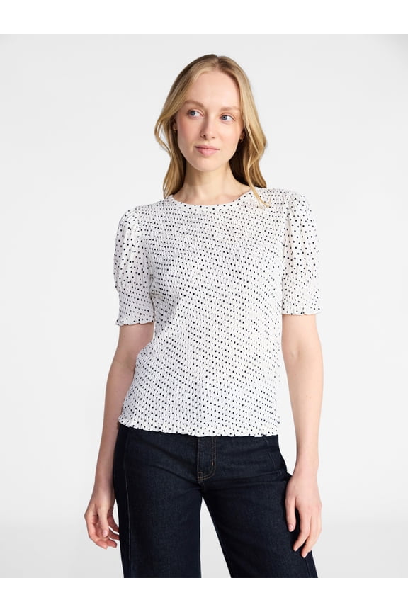 Women's Smocked Top with Short Puff Sleeves, Sizes XS-XXXL