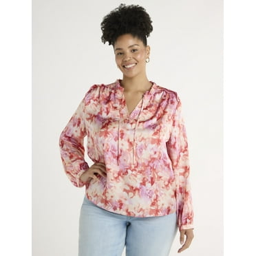 Time and Tru Women's Silky Satin Ruffle Neck Blouse, Sizes XS-XXXL