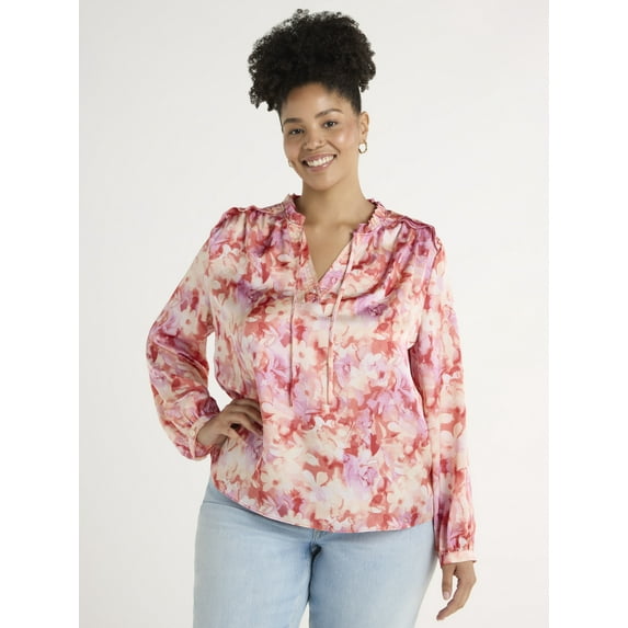 Time and Tru Women's Silky Satin Ruffle Neck Blouse, Sizes XS-XXXL