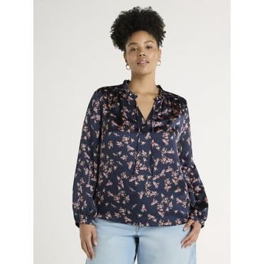 Time and Tru Women's Silky Satin Ruffle Neck Blouse, Sizes XS-XXXL