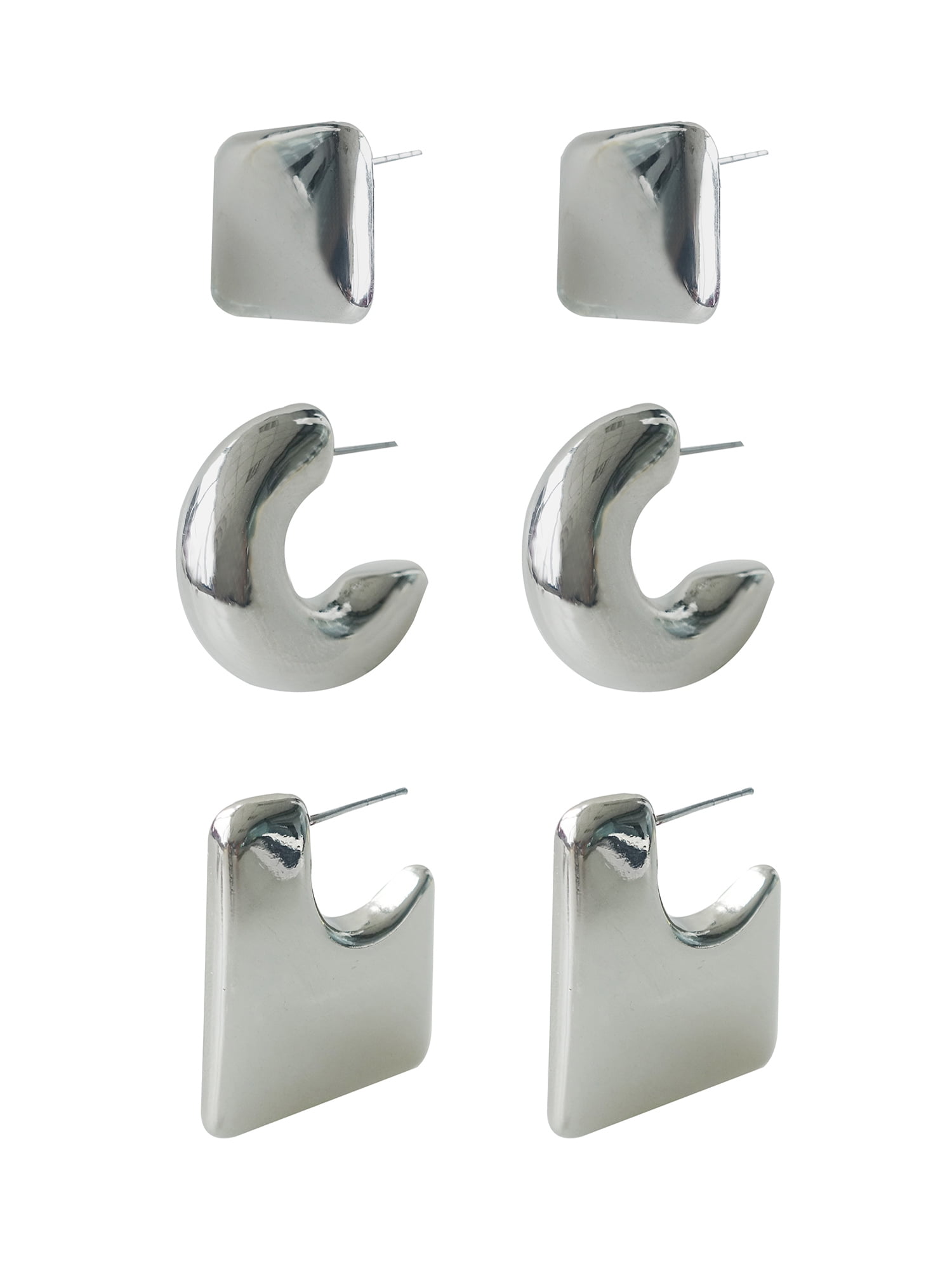 Time and Tru Women's Silver Plated Metal 3 Pair Hoop Earring Set
