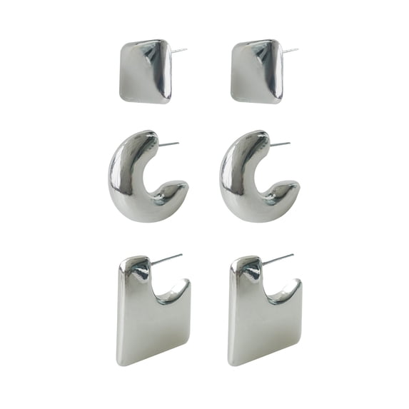 Time and Tru Women's Silver Plated Metal 3 Pair Hoop Earring Set