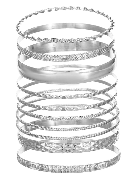 Women's Silver Tone Bangle Bracelet Set, 10-Piece