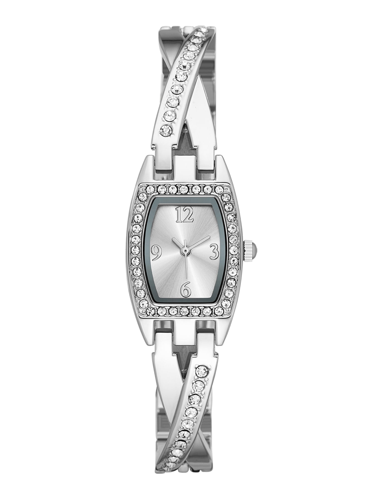 Time and Tru Ladies' Watch, Silver Rectangle Case with Clear Stone Bezel, Silver Sunray Dial and Silver Half Bangle with Jewelry Clasp Closure (FMDOTT104)