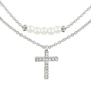 Time and Tru Womens Silver Tone Cross Pendant and Simulated Pearl Layered Necklace