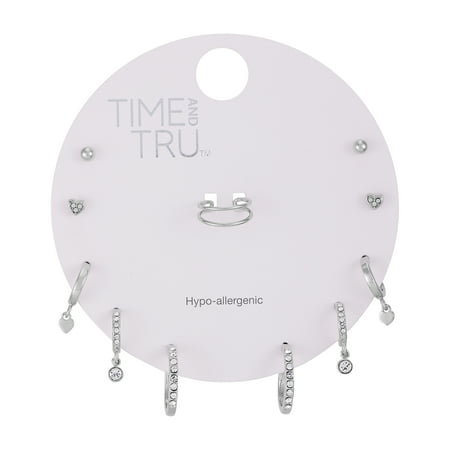 Time and Tru Women's Silver Tone Multi Earring Set with Glass Stones