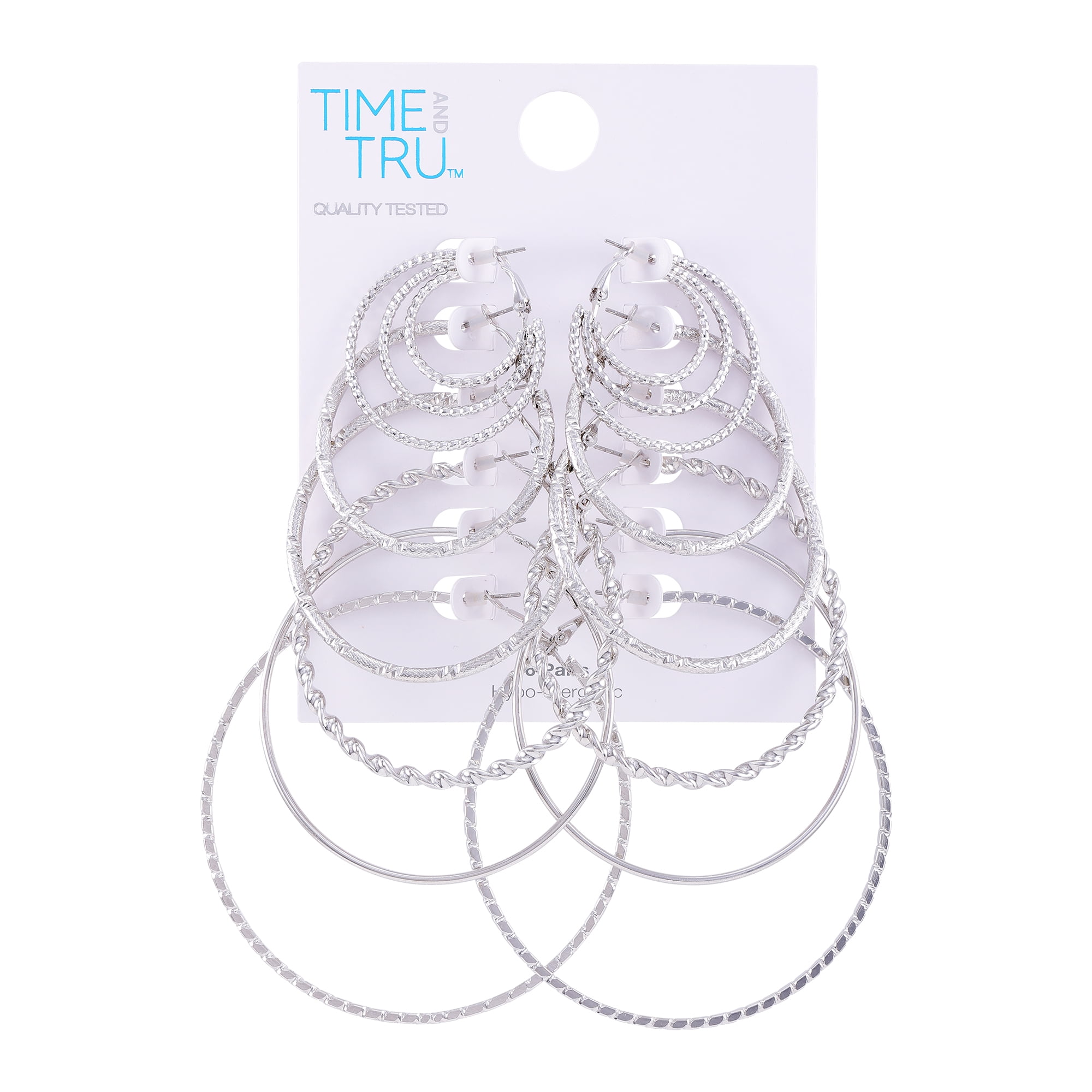 Time and Tru Women's Silver Tone Multi Texture 6 Hoop Set