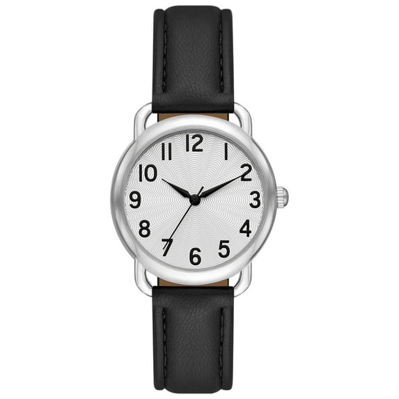 Time and Tru Women's Analog Wristwatch; Silver Tone Round Case, Silver Textured Easy Read Dial; Black Faux Leather Strap (FMDOTT066)