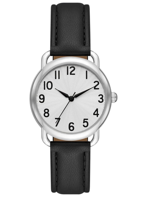 Women's Analog Wristwatch; Silver Tone Round Case, Silver Textured Easy Read Dial; Black Faux Leather Strap (FMDOTT066)
