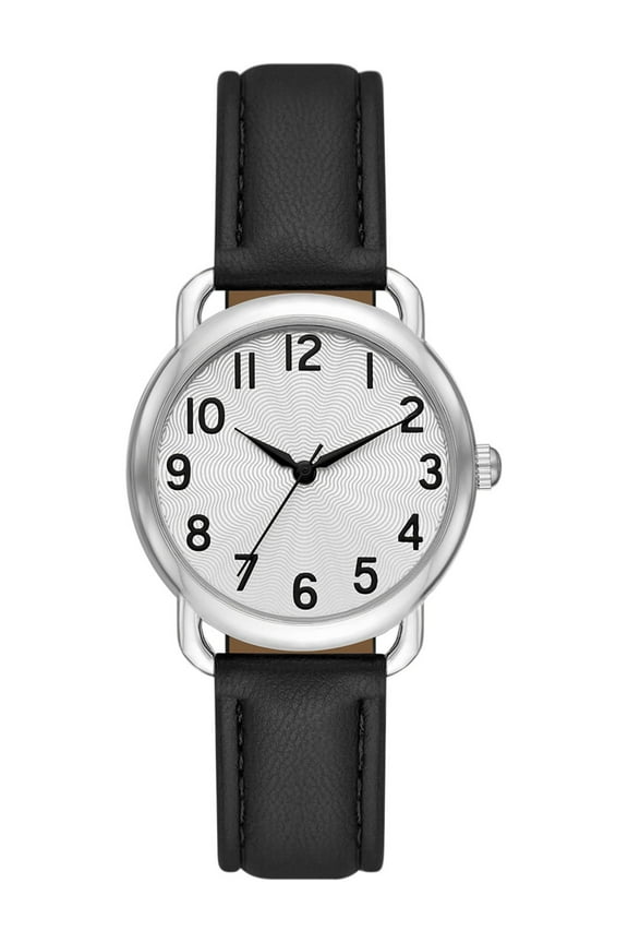 Women's Analog Wristwatch; Silver Tone Round Case, Silver Textured Easy Read Dial; Black Faux Leather Strap (FMDOTT066)