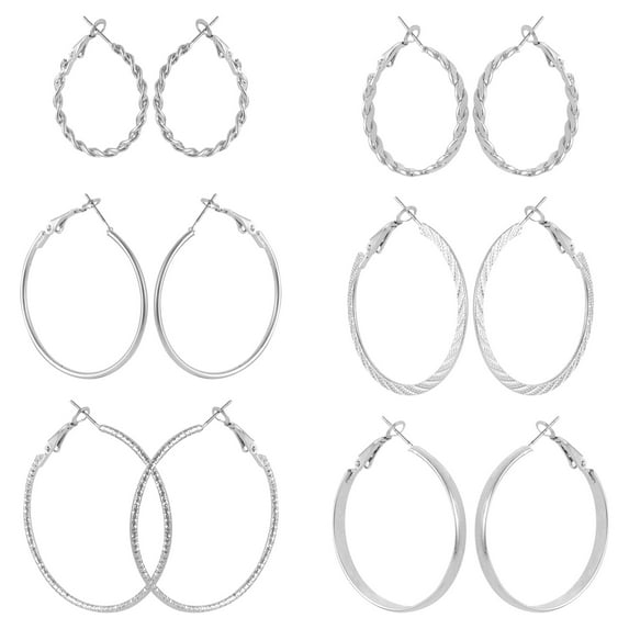 Time and Tru Women's Silver Tone Textured and Smooth Hoop Earring Set, 6-Piece