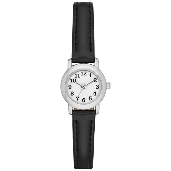 Time and Tru Women's Analog Wristwatch: Silver Tone Round Case; Black Faux Leather Strap (FMDOTT009)