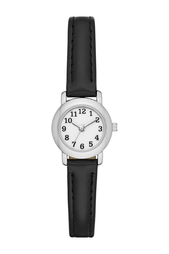 Women's Analog Wristwatch: Silver Tone Round Case; Black Faux Leather Strap (FMDOTT009)