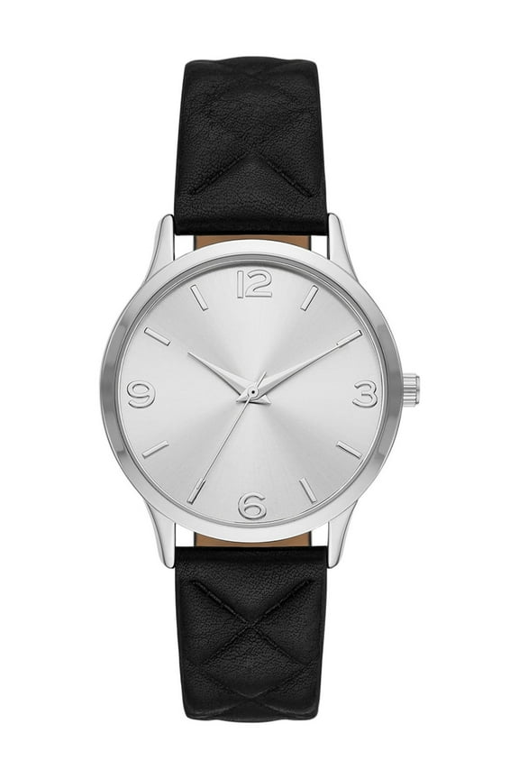 Women's Silver Tone Watch with Quilted Faux Leather Strap