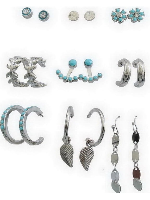 Women's Silver Tone and Faux Turquoise Earring Set, 9-Piece
