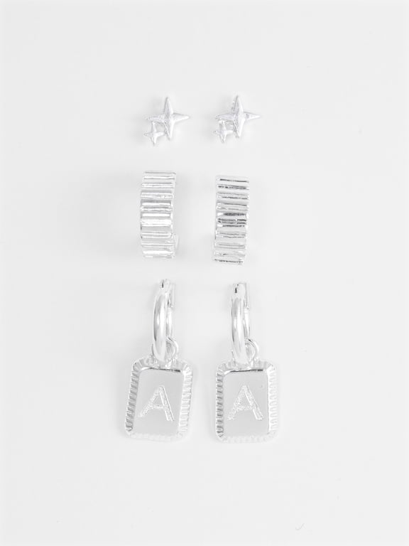 Women's Silvertone Multi Earring Set, 3 Pairs, Initial A