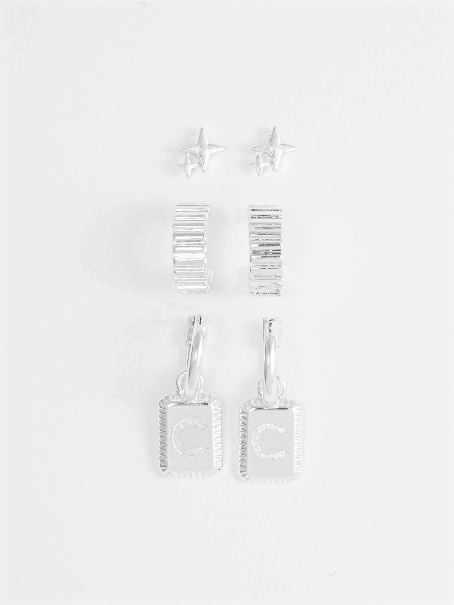 Time and Tru Women's Silvertone Multi Earring Set, 3 Pairs, Initial C