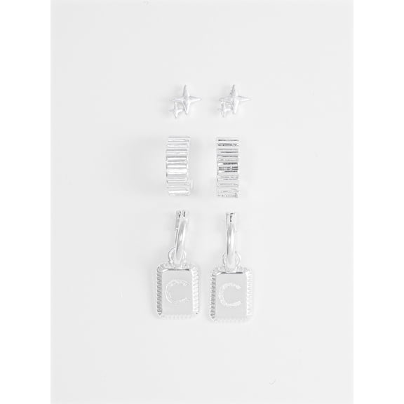 Time and Tru Women's Silvertone Multi Earring Set, 3 Pairs, Initial C