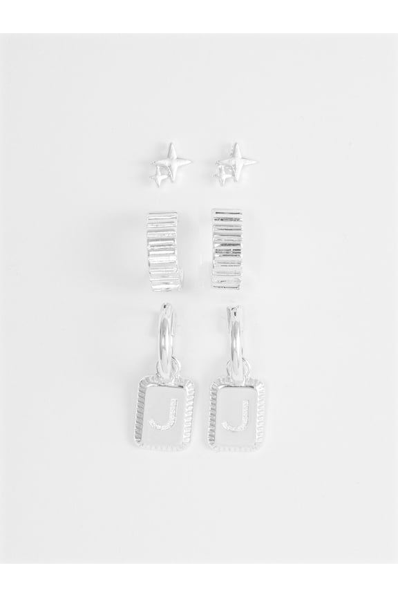 Women's Silvertone Multi Earring Set, 3 Pairs, Initial J