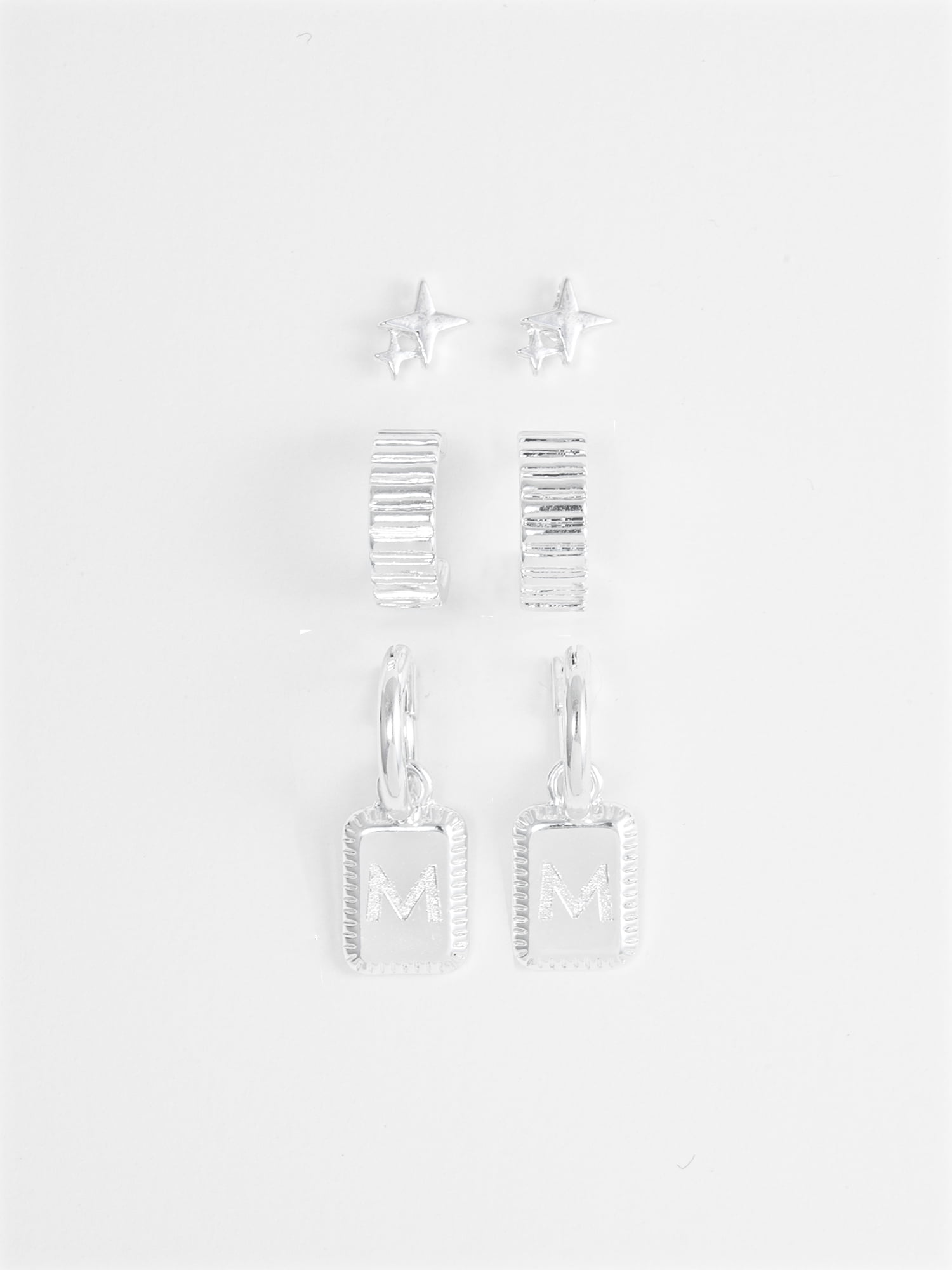 Time and Tru Women's Silvertone Multi Earring Set, 3 Pairs, Initial M