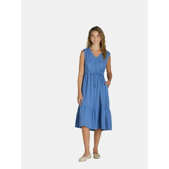 Time and Tru Women's Sleeveless Cotton Double Cloth Dress, Sizes XS-XXXL
