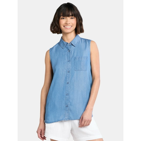 Time and Tru Women's Sleeveless Button Down Shirt, Sizes XS-XXXL