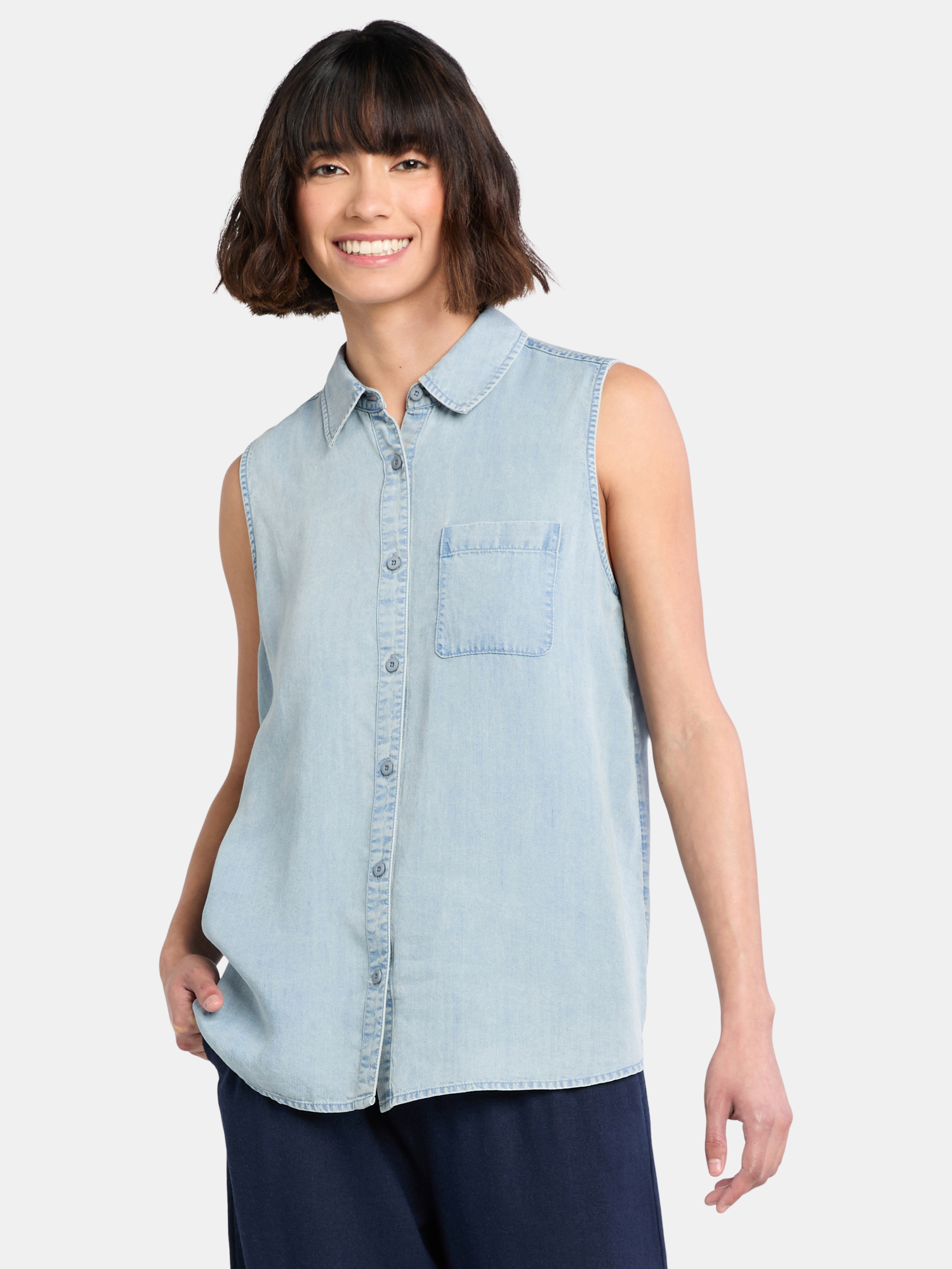 Time and Tru Women's Sleeveless Button Down Shirt, Sizes XS-XXXL
