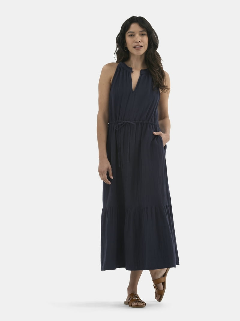 knee length dresses for ladies Eve Jersey Midi Dress-Blue and Ivory Stripe main image 0