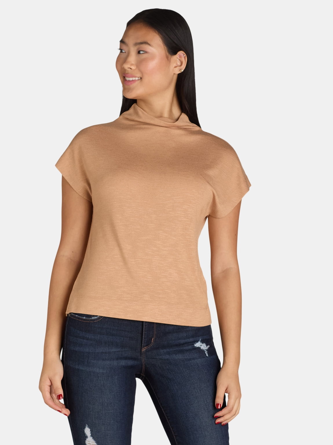 Time and Tru Women's Mock Neck Hacci Knit Tee, Sizes XS-XXXL