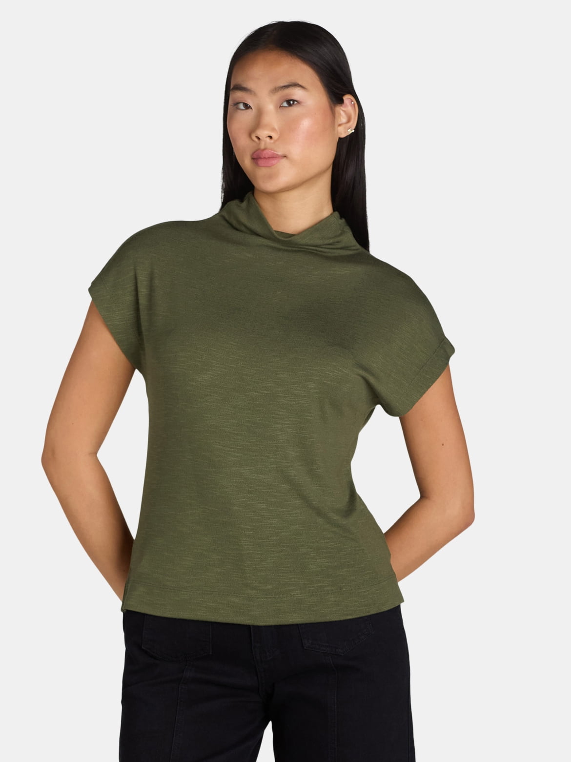 Time and Tru Women's Mock Neck Hacci Knit Tee, Sizes XS-XXXL
