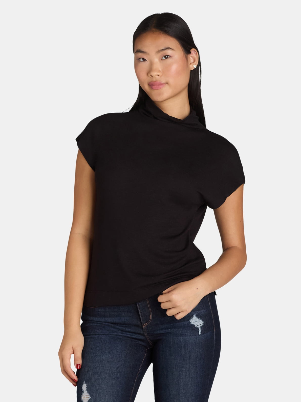 Time and Tru Women's Mock Neck Hacci Knit Tee, Sizes XS-XXXL