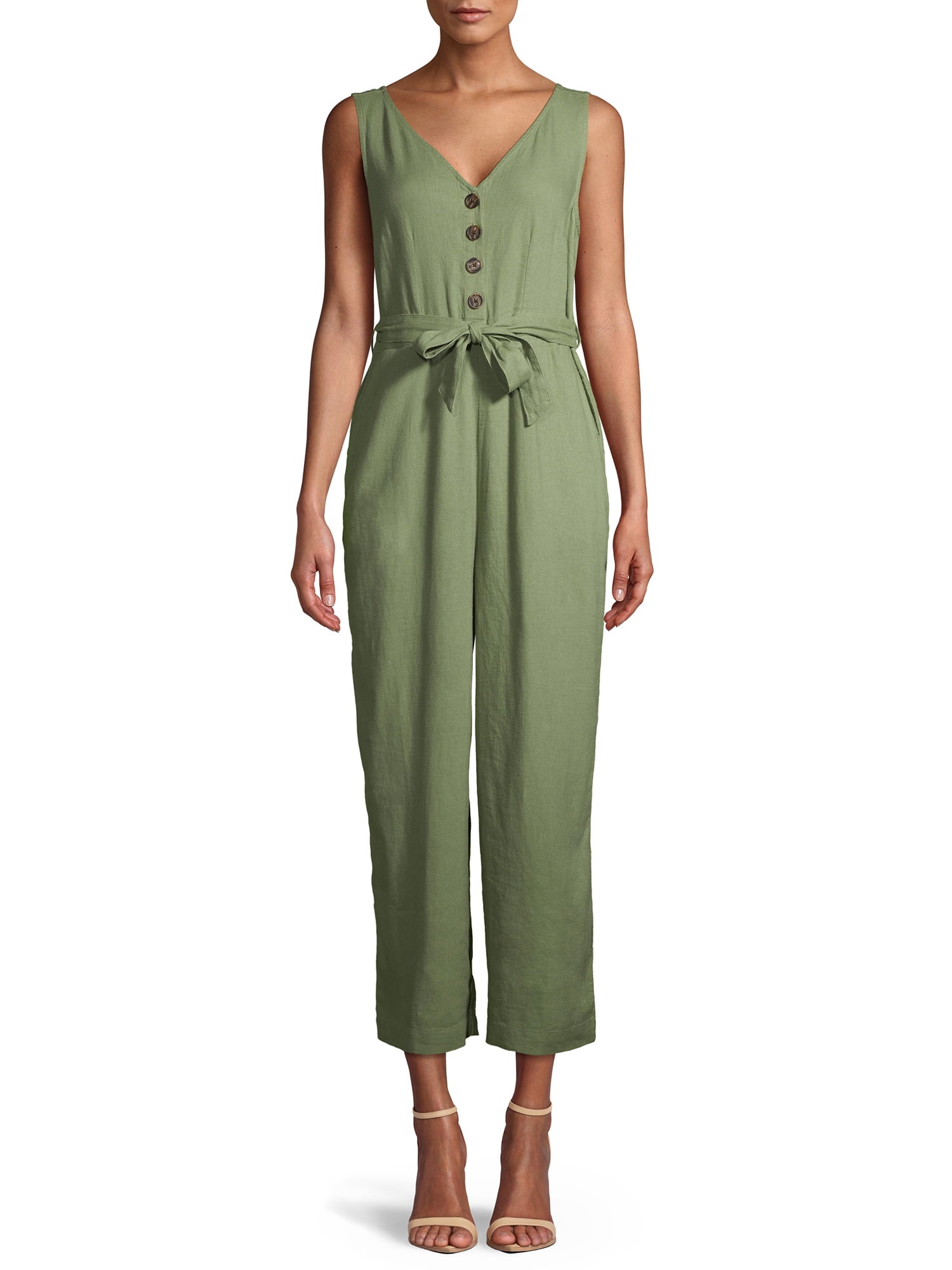 Time and Tru Women's Sleeveless Linen Jumpsuit with Tie Belt - Walmart.com