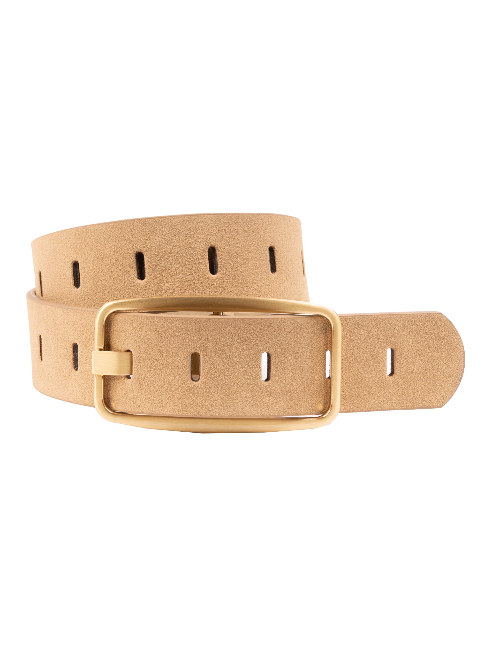 Time and Tru Women's Slotted Perforated Suede Belt, Camel