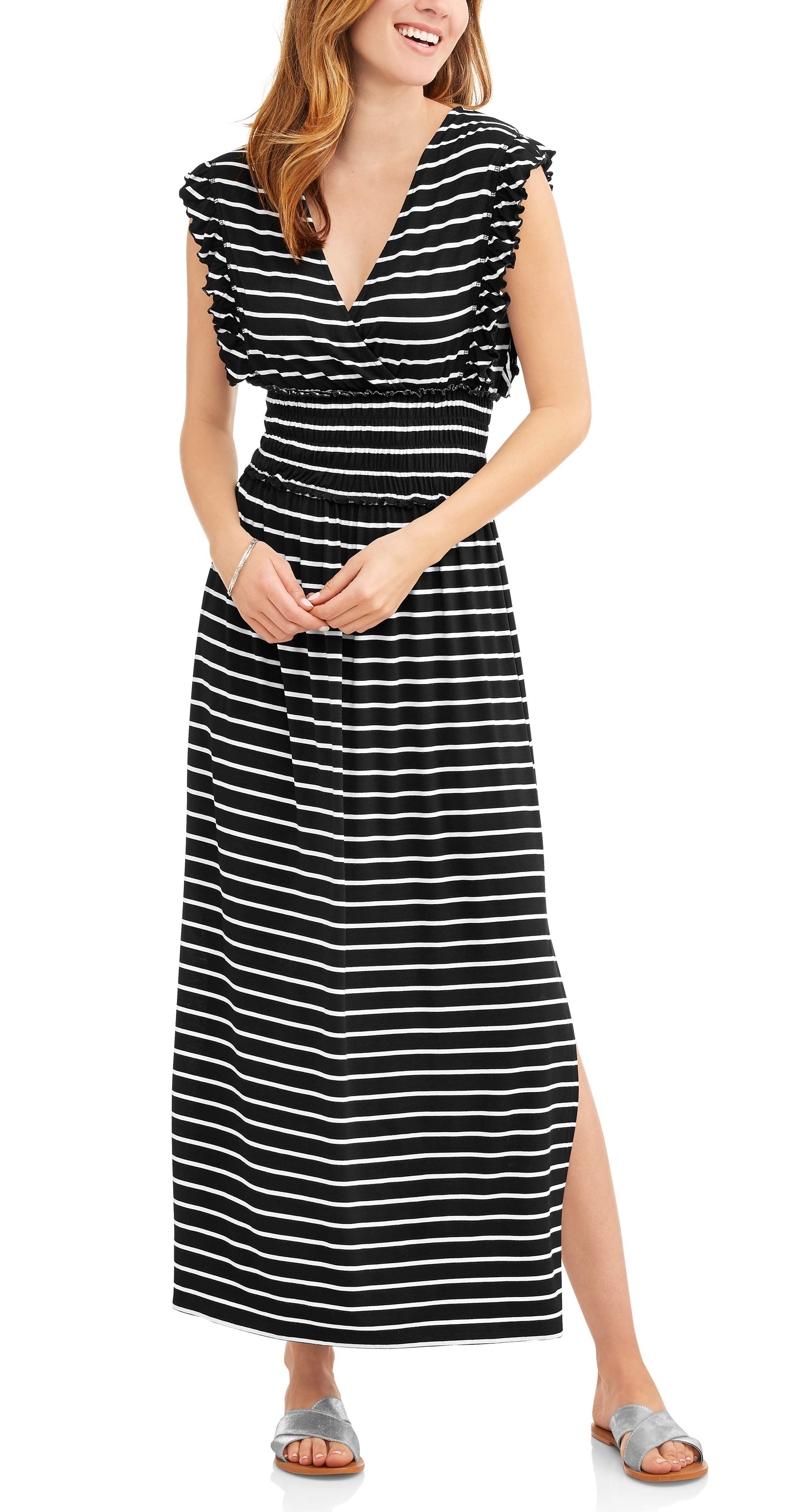 Time and Tru Women's Smock Waist Maxi Dress with Flutter Sleeves ...