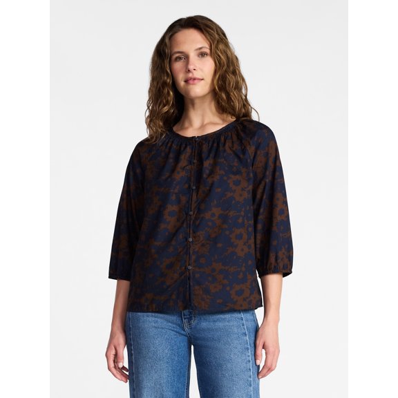 Time and Tru Women's Smocked 3/4 Sleeve Top, Sizes XS-XXXL