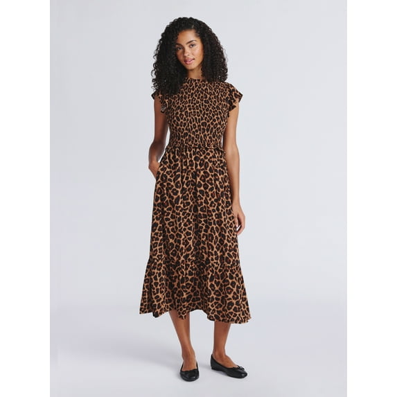 Time and Tru Women's Smocked Bodice Midi Woven Dress, Sizes XS-XXXL