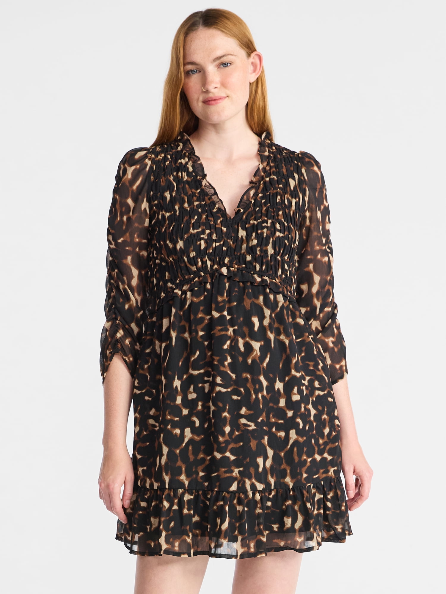 Time and Tru Women's Smocked Chiffon Mini Dress with Long Sleeves, Sizes XS-XXXL