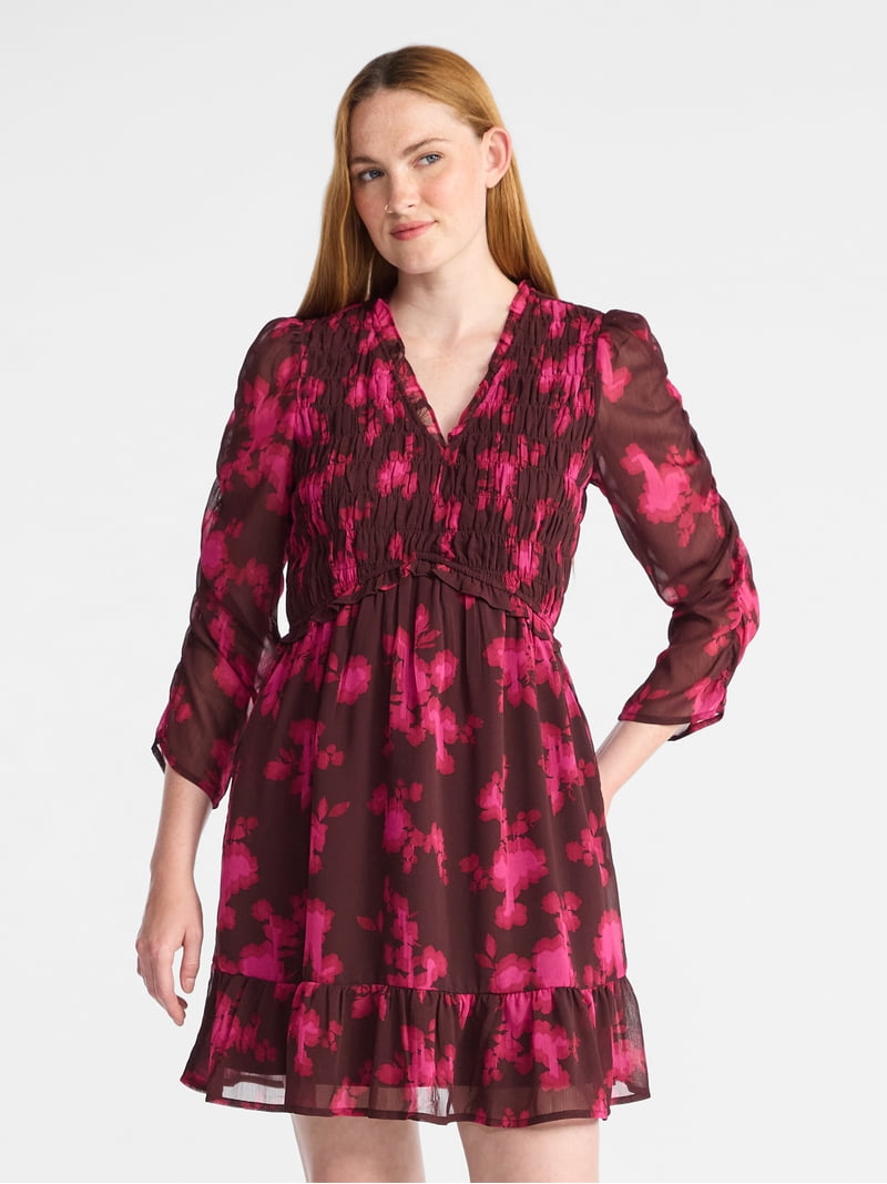 Time and Tru Women's Smocked Chiffon Mini Dress with Long Sleeves, Sizes  XS-XXXL - Walmart.com