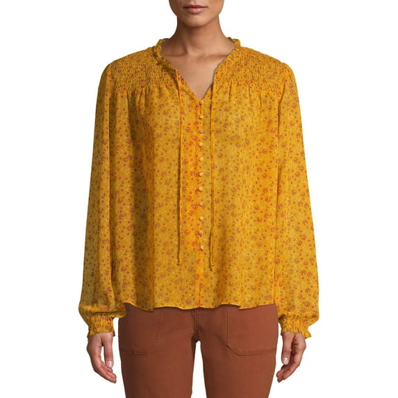 Time and Tru Women's Smocked Peasant Top