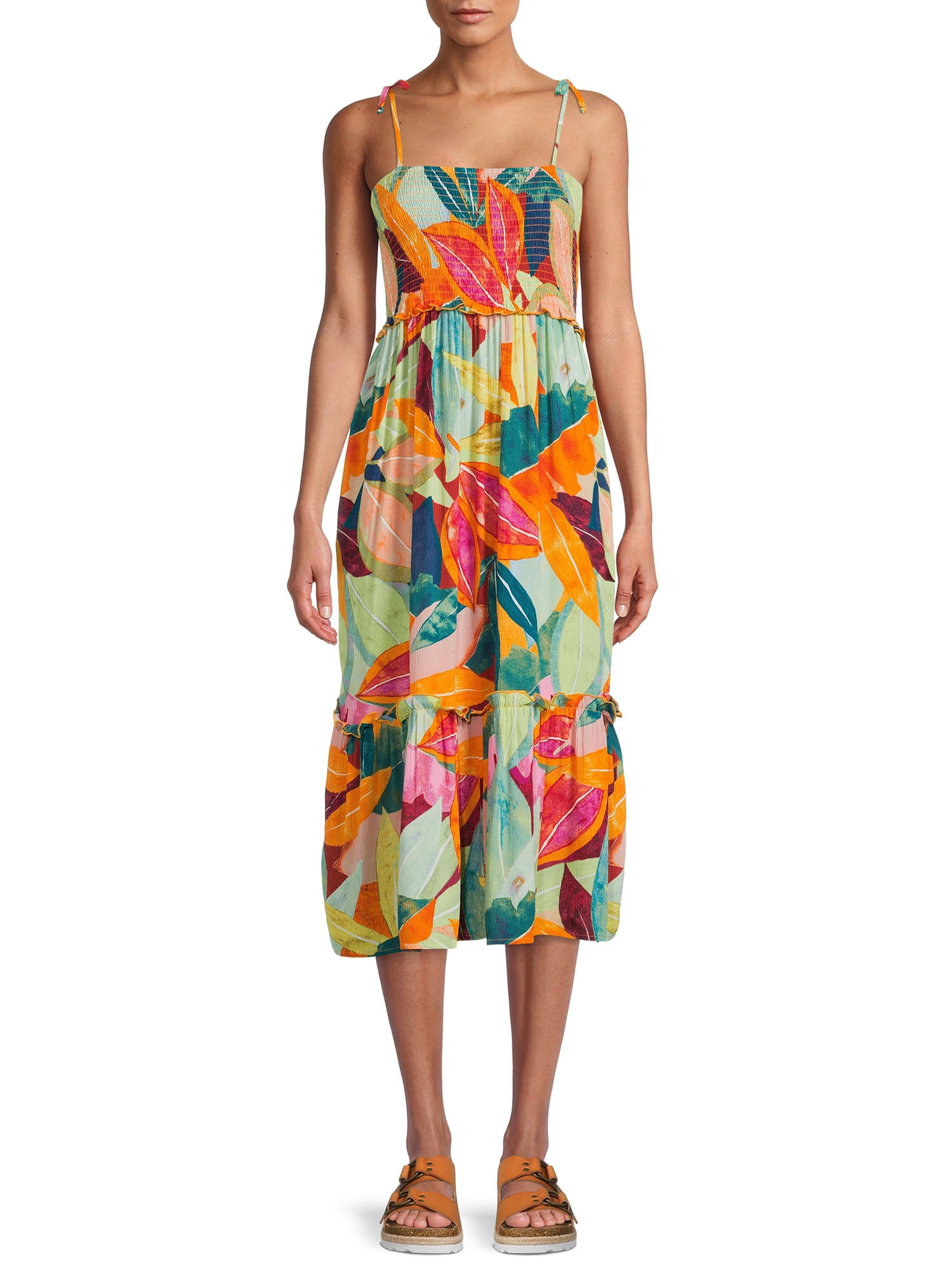 Time and Tru Women's Smocked Tie Shoulder Dress - Walmart.com