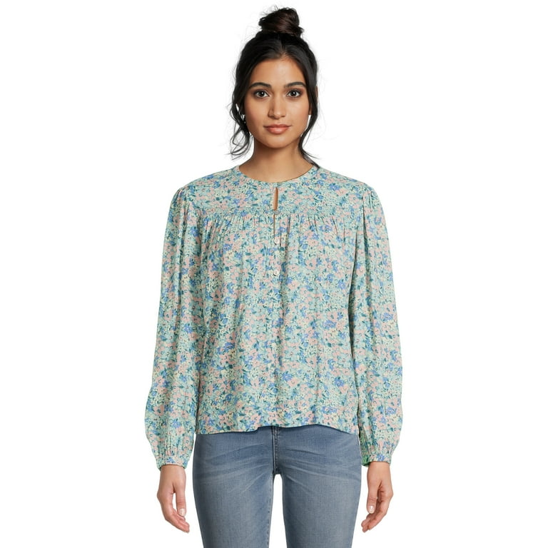 Time and Tru Women's Smocked Top with Long Sleeves, Sizes XS