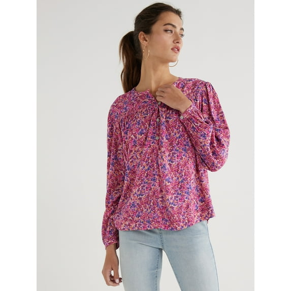 Time and Tru Women’s Smocked Top with Long Sleeves, Sizes XS-XXXL