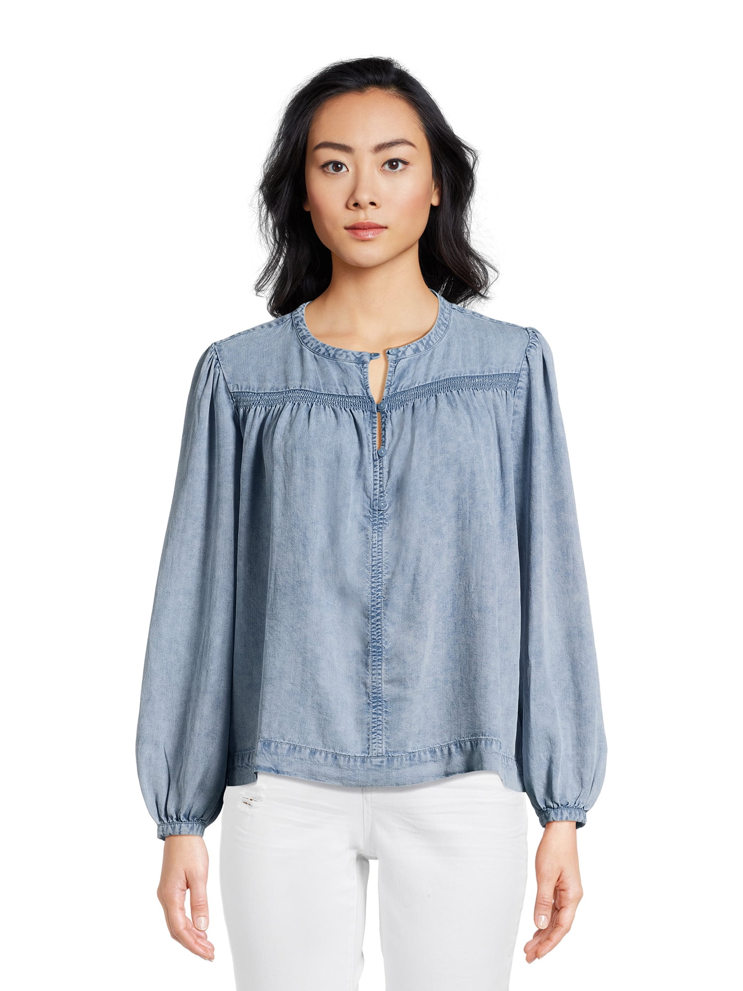 Time and Tru Women’s Smocked Top with Long Sleeves, Sizes XS-XXXL