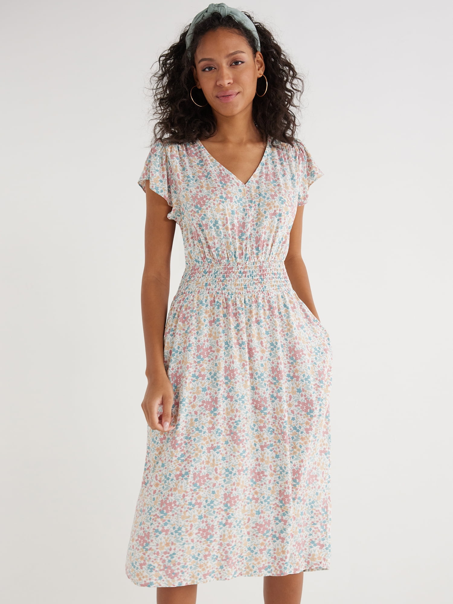 Time and Tru Women’s Smocked Waist Midi Dress with Short Sleeves, Sizes XS-XXXL